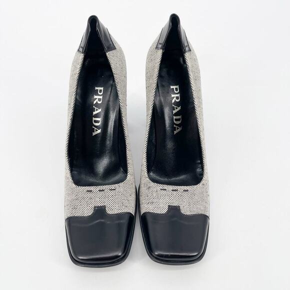 Prada Vintage 90s Black Leather Trim Gray Fabric Square Toe Block Heels IT 38 - Picture 5 of 10